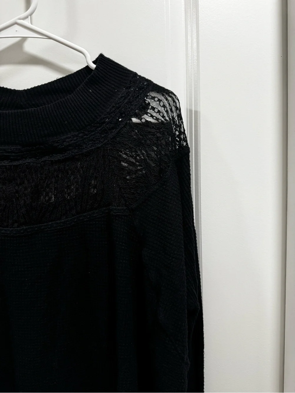 Free People Spring Valley Thermal Lace Top Black Raw Hem Small